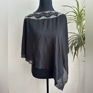 Vintage beaded chiffon Elegant Black Sheer Poncho cape with Silver Accents